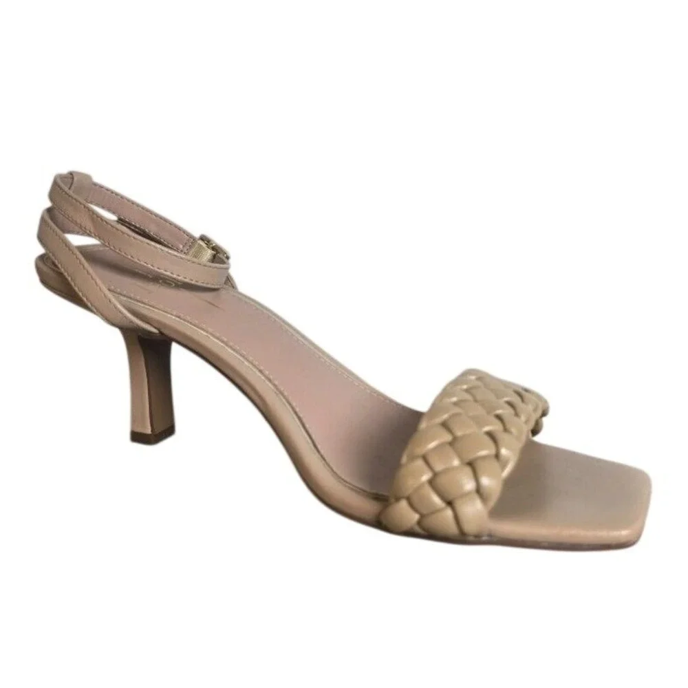 Paolo Women's Beige Braided Strap Square Toe Kitten Heel Sandals Size 8M